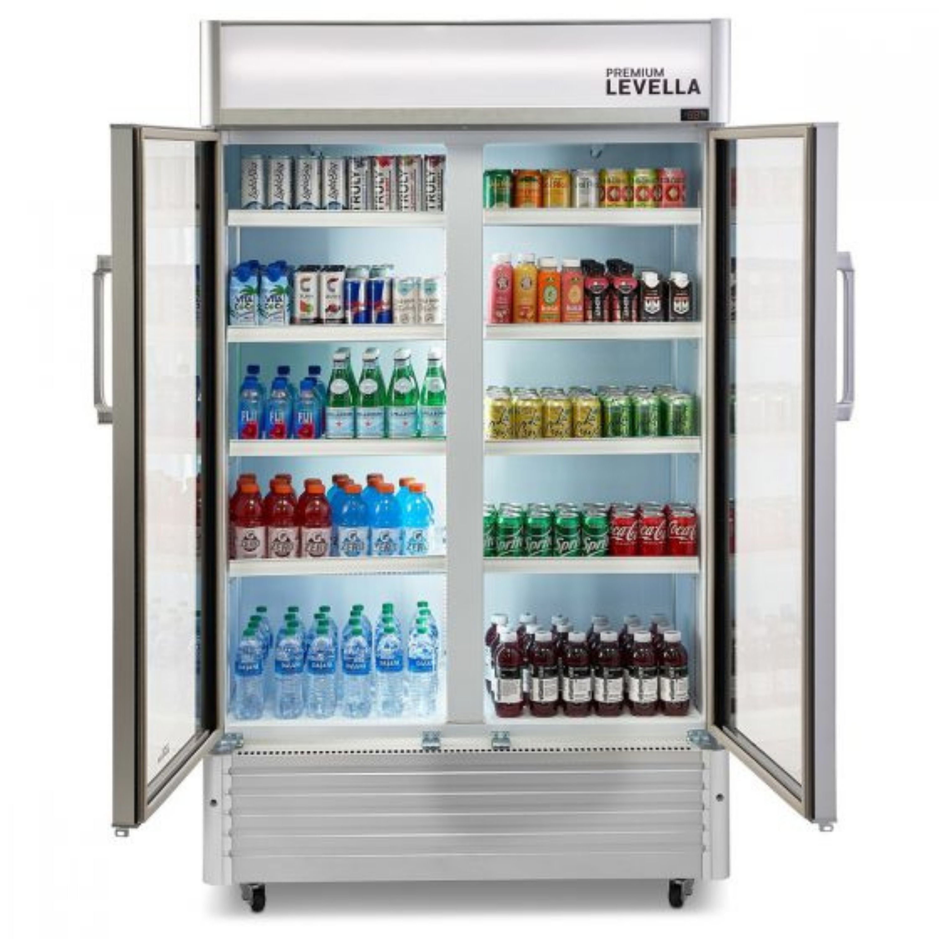 Premium Levella® 29 Cu. Ft. Double Glass Door Upright Display Cooler. Merchandiser Refrigerator.